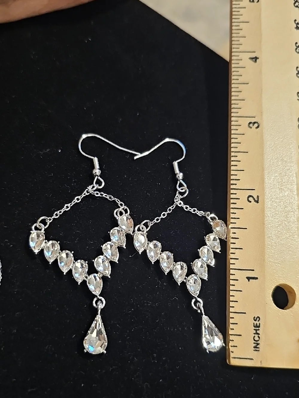 2 Pair Of Crystal Drop Dangle Earrings - Silver Tone. Chandelier Prong Set Stone